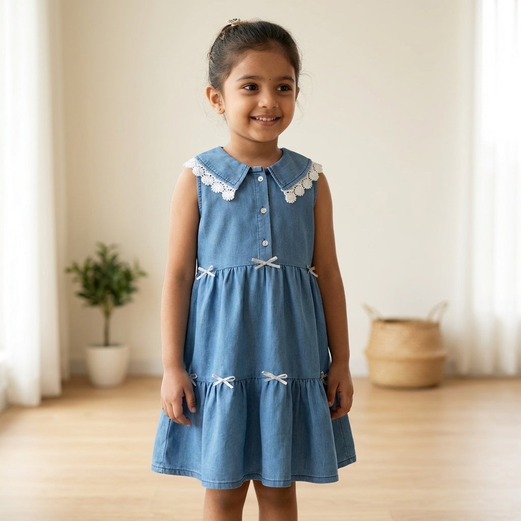 Blue Denim Layered Dress with Lace Collar for Girls
