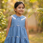Blue Denim Layered Dress with Lace Collar for Girls