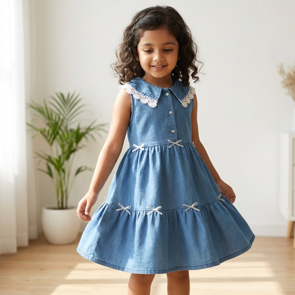 Blue Denim Layered Dress with Lace Collar for Girls