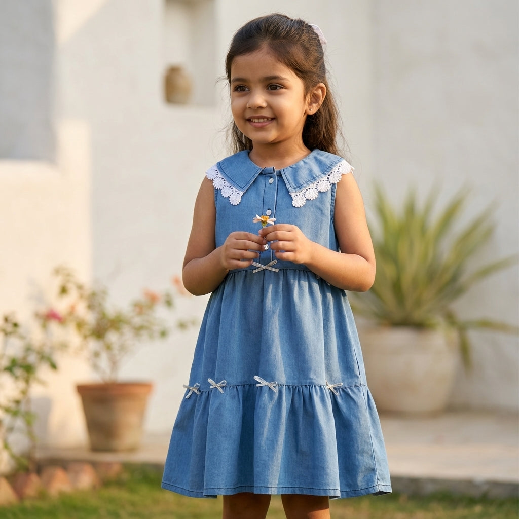 Blue Denim Layered Dress with Lace Collar for Girls