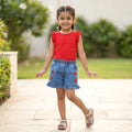 Cherry Red Top & Heart Denim Shorts Set for Girls