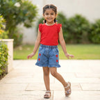 Cherry Red Top & Heart Denim Shorts Set for Girls
