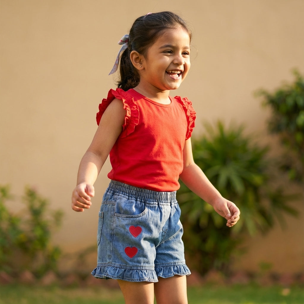 Cherry Red Top & Heart Denim Shorts Set for Girls