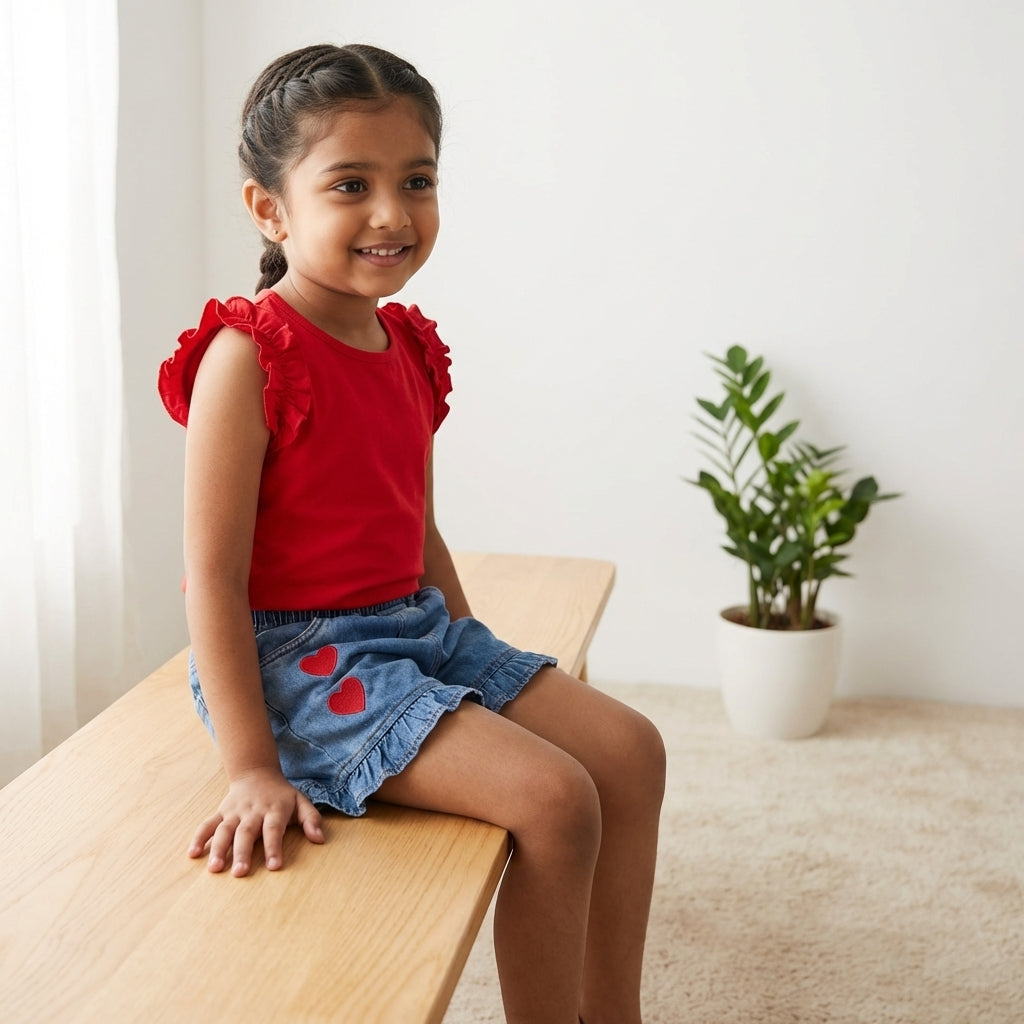 Cherry Red Top & Heart Denim Shorts Set for Girls