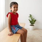 Cherry Red Top & Heart Denim Shorts Set for Girls
