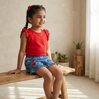 Cherry Red Top & Heart Denim Shorts Set for Girls