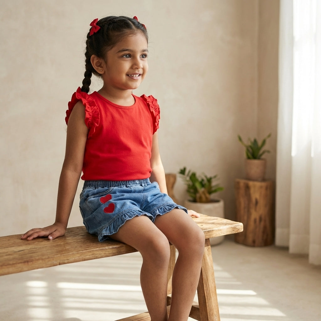 Cherry Red Top & Heart Denim Shorts Set for Girls