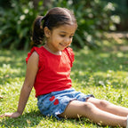 Cherry Red Top & Heart Denim Shorts Set for Girls