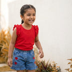 Cherry Red Top & Heart Denim Shorts Set for Girls