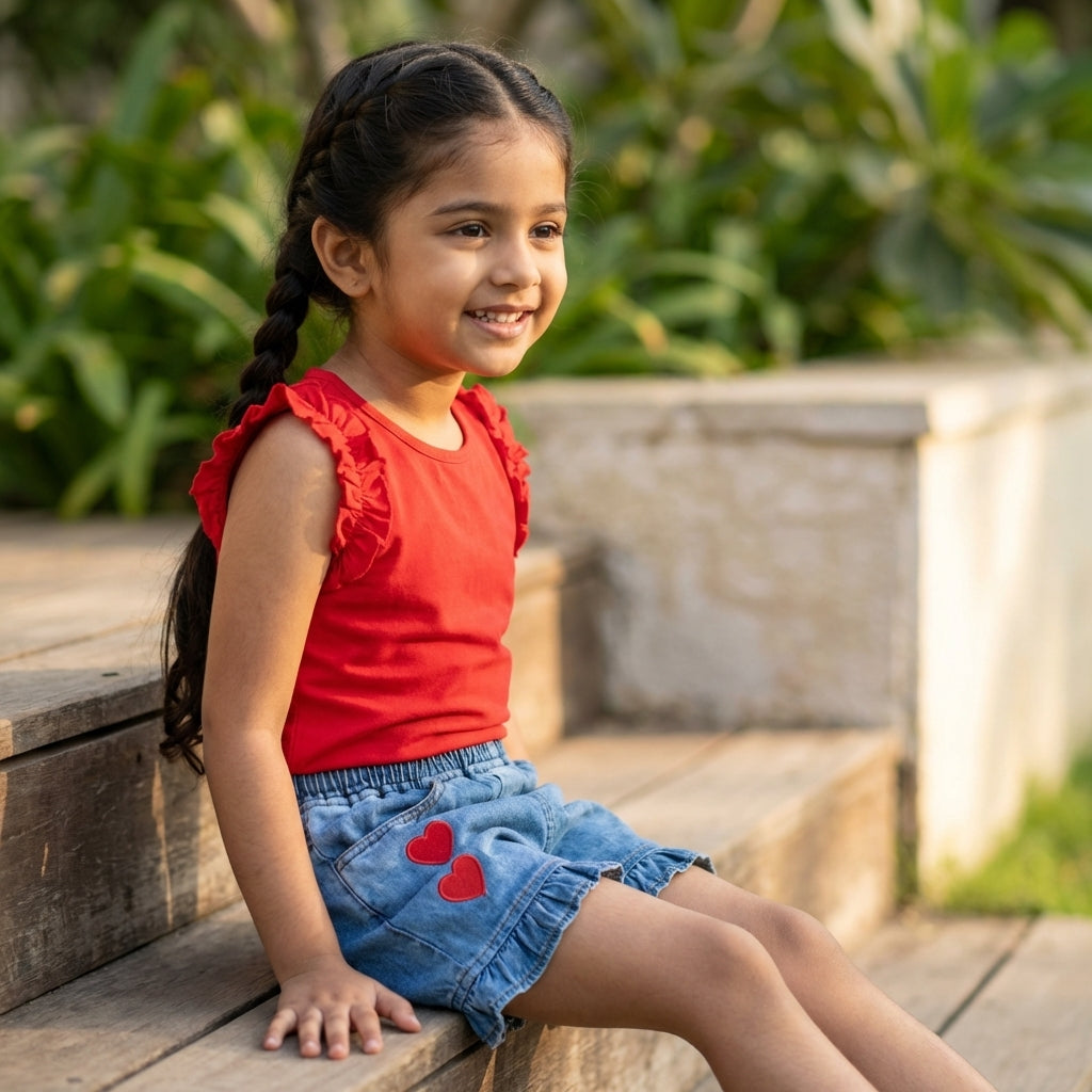 Cherry Red Top & Heart Denim Shorts Set for Girls
