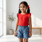 Cherry Red Top & Heart Denim Shorts Set for Girls